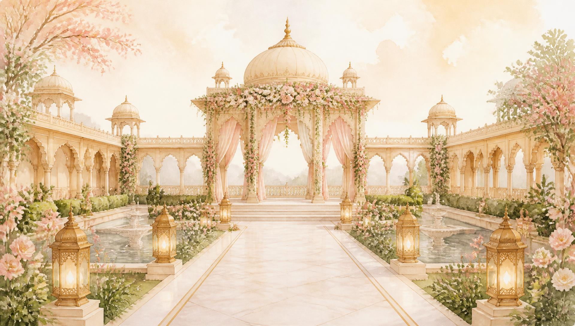 Watercolour palace garden with floral pavilion